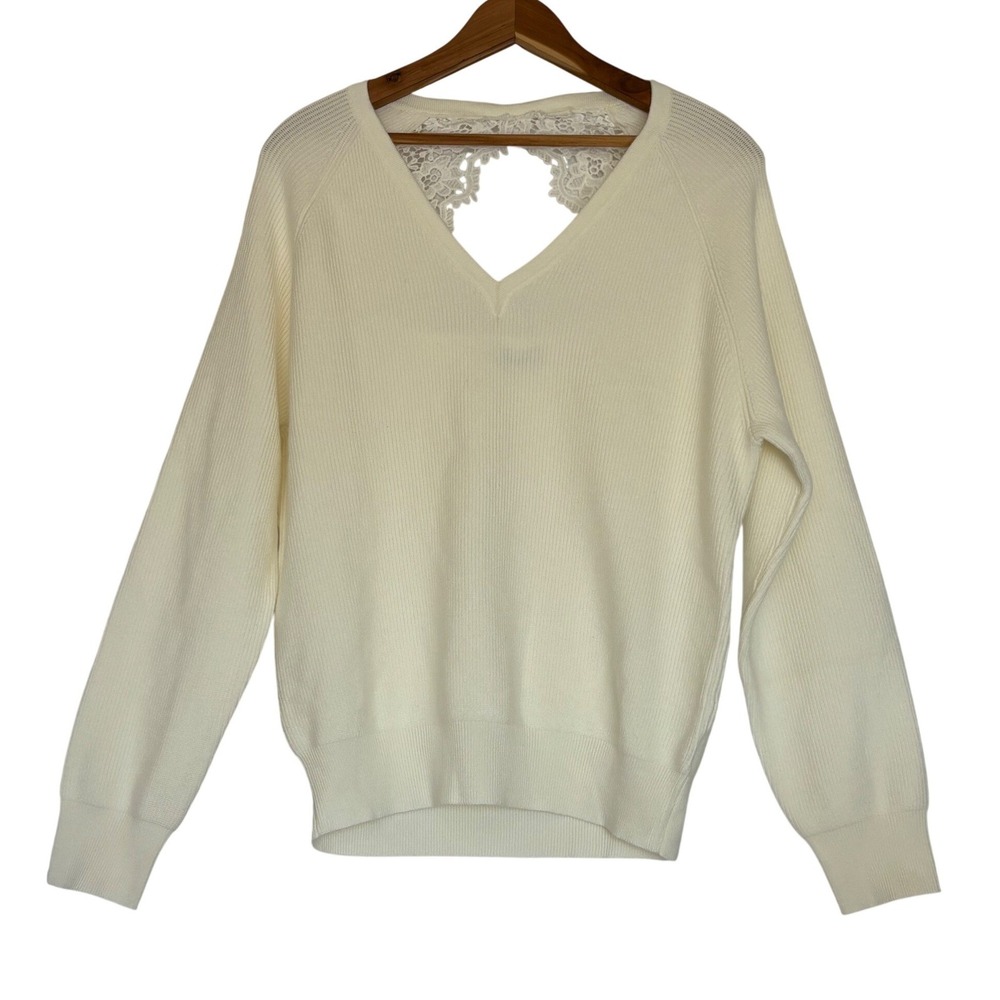 Cupshe Ivory Ribbed V-Neck Sweater Lace Back Cutout Cream Medium